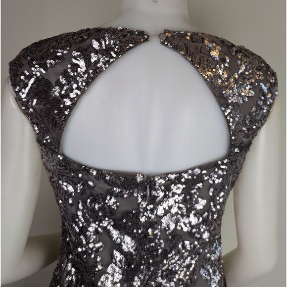 Ralph Lauren Gray Silver Sequin Tulle Evening Sheath Dress Keyhole Back Size 10 - Picture 8 of 12